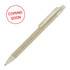A ballpoint pen in a light green and beige colour, made from eco-friendly wheat material, featuring a clip and branding.