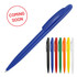 A blue ballpoint pen with a glossy finish, available in multiple solid colours including black, red, orange, green, and white, with a logo.