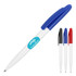 A ballpoint pen featuring a gloss white barrel with a blue grip and clip, alongside black and red variants. Includes a logo.