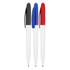 A collection of ballpoint pens in gloss white with black, blue, and red caps. Each pen features a branded logo.