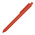 A red matte triangular ballpoint pen with a clip and a pointed tip, featuring a logo.