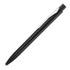 A black ballpoint pen with a white clip and a sleek design. It features a branding logo.