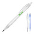 A ballpoint pen made from recycled PET, featuring a transparent barrel and green branding, with a blue option alongside.