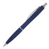 A blue ballpoint pen with a textured grip and silver accents, featuring a clip and a logo.