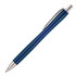 A ballpoint pen in dark blue with a silver clip and grip sections, featuring a sleek design.