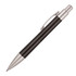 A black plastic ballpoint pen with a silver clip and tip, featuring a sleek design. It has a logo on the barrel.