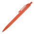 An orange plastic ballpoint pen with a clip, featuring a simple design and a logo on its body.