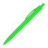A bright green plastic ballpoint pen with a clip and a smooth writing tip. It features a logo.