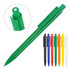 A green ballpoint pen with a clip and various colour options displayed, including black, blue, yellow, orange, and white.