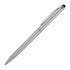 A silver ballpoint pen with a stylus tip and a clip, featuring a sleek design and a branding logo.