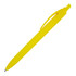 A yellow ballpoint pen with a matte rubber finish and a clip, featuring a logo.