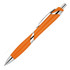 An orange ballpoint pen with a silver clip and accents, featuring a textured grip. It has a logo on its surface.