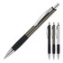A metal ballpoint pen in olive green with a textured grip, alongside black and silver options. Features a branding logo.