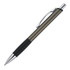 A metal ballpoint pen in dark grey with a textured black grip and a silver clip. It features a sleek design.