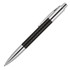 A ballpoint pen with a sleek carbon fibre design and chrome accents, featuring a logo on the body.