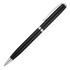 A black ballpoint pen with a sleek design and silver accents, featuring a clip and a logo.