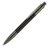 A ballpoint pen in black carbon fibre, featuring a sleek silver clip and detailing, accompanied by a logo.