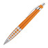 A metal ballpoint pen in orange with silver accents and a textured grip. It features a logo.