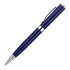 A metal ballpoint pen in a deep blue finish with chrome detailing and a sleek design.