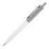 A metal ballpoint pen in white and silver with a sleek design and clip, featuring branding on the body.
