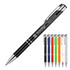 A black metal ballpoint pen with a silver clip and branding, accompanied by a selection of pens in various colours.