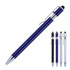 A ballpoint executive stylus pen in blue, with silver accents, alongside versions in black, white, and light blue. A ballpoint executive stylus pen in blue, with silver accents, alongside versions in black, white, and light blue.