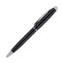 A black ballpoint pen with a silver tip and clip, featuring a sleek design and a logo on its surface.