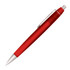 A red plastic ballpoint pen with a silver clip and tip. It features a smooth, sleek design.