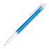 A blue ballpoint pen with a transparent barrel and a white grip. It features a clip and a visible ink tip.