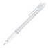 A transparent ballpoint pen in white and clear with a clip and rubber grip, featuring a logo on the barrel.