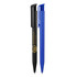 Two ballpoint pens in matte finishes: one black with a logo and one blue.