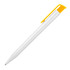 A ballpoint pen in gloss white with a yellow clip and grip. It features a sleek design and a branding logo.