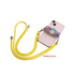 A phone lanyard featuring a colourful design and a yellow strap, attached to a pink phone.