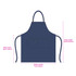 A navy blue poly-cotton denim bib apron with a neck strap and two front pockets. Features a logo.