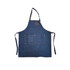 A denim blue full bib apron with a neck strap and front pockets, featuring a logo on the chest area.