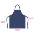 A navy blue poly-cotton denim full bib apron with neck strap and front pockets. Features a logo.