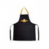 A black poly-cotton canvas full bib apron with a yellow neck strap and a logo at the front.