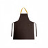 A brown poly-cotton canvas full bib apron with a yellow neck strap and ties, featuring a pocket and a logo.