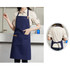 A navy blue poly-cotton canvas full bib apron with neck strap and front pocket, featuring a logo.