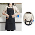 A black poly-cotton canvas full bib apron with a neck strap and pockets, featuring a logo.