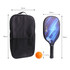 A wooden pickleball set featuring a paddle, a ball, and a black carry bag. The paddle has a blue design.