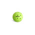 A bright green pickleball with holes, featuring a logo on the surface.