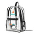 A transparent backpack with black straps and mesh side pockets, featuring a logo.