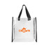 A clear tote bag with black straps and an orange logo on the front.