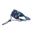 A navy blue dog baseball hat featuring a playful pattern of various colours and a strap for secure fitting.