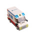 A toy ambulance building block set in white, red, and blue, featuring a detailed window and wheels.