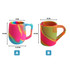 A custom silicone mug in vibrant pink, blue, and green colours, featuring a handle and different sizes.