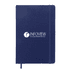 A navy blue A5 notebook with a flexible cover and an elastic band, featuring a logo on the front.