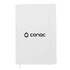 A white notebook with a logo on the cover and a ribbon marker. Suitable for office and business use.