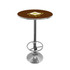 A bar table with a round brown top and a stainless steel base, featuring a logo on the surface.